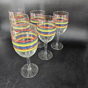 Fiesta Ware Multicolor Striped Wine Glass Set Lot 6 Pressed Glass Decorated USA